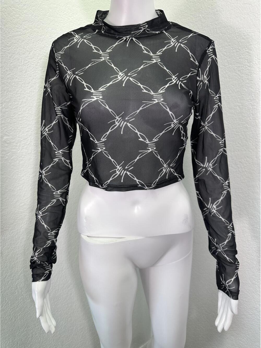 Women Sz S Black Barbed Wire Mesh Goth Punk Clubwear Crop Top